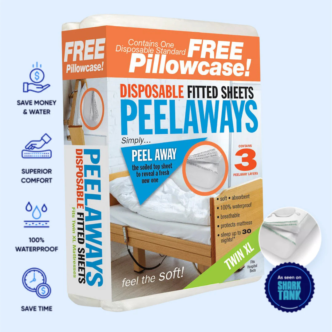 Packaging for Peelaways Multi-Layer Disposable & Waterproof Fitted Sheets in Twin XL features peel-away layers, caregiver-friendly design, a free pillowcase, 100% waterproof and hypoallergenic protection, and As seen on Shark Tank.